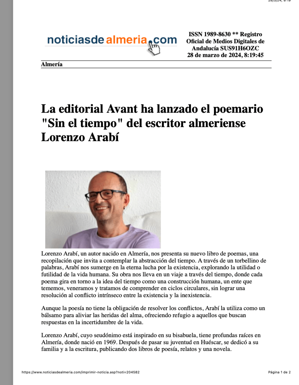 Nota de prensa de el poemario Sin el&nbsp;tiempo.