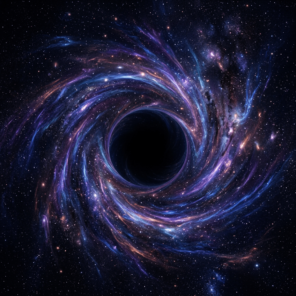Spiral galaxy with colorful gas and stars orbiting a black hole