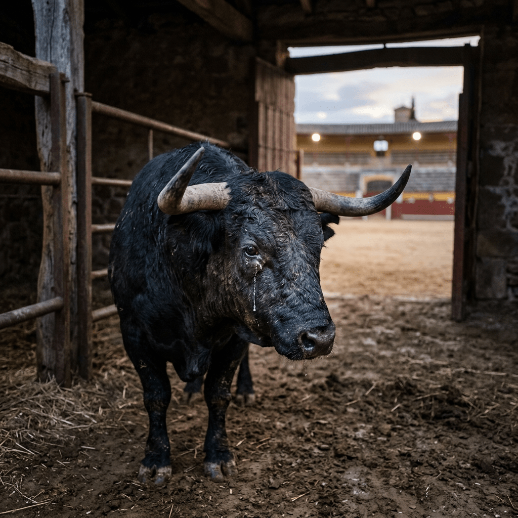 A black bull with large horns standing inside a stable pen with a tear running down its face.