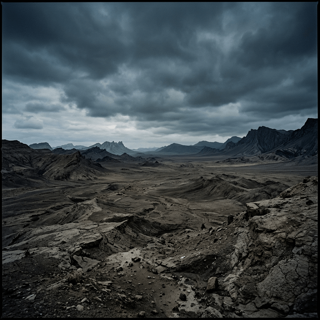 Desolate rocky desert valley surrounded by rugged mountains under cloudy sky
