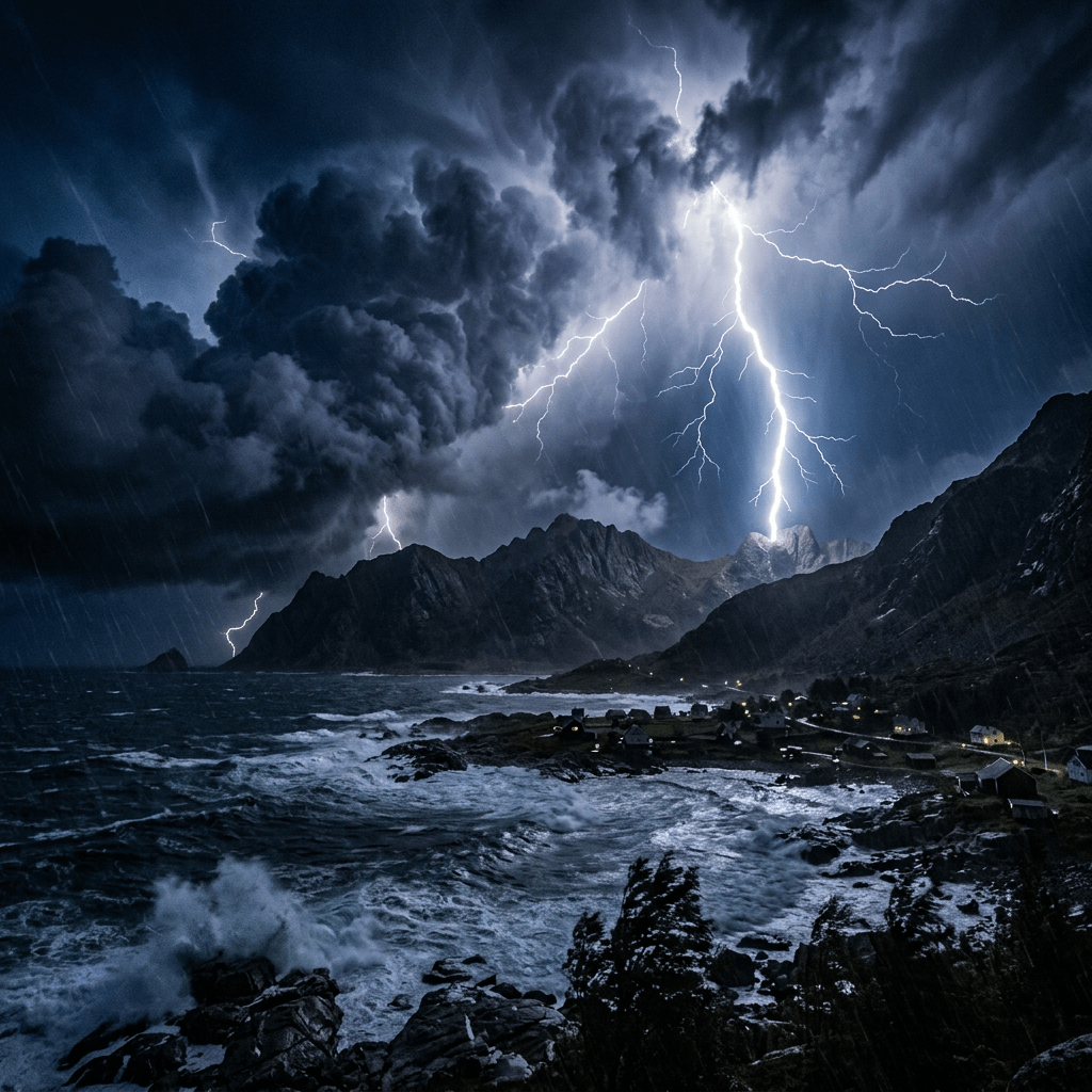 Lightning strikes above a coastal village, mountains, and rough ocean