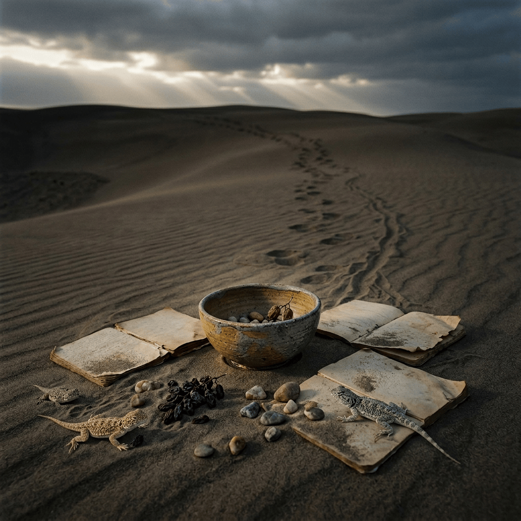 Rustic bowl and weathered papers arranged on desert sand