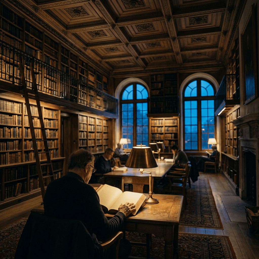 Readers studying in an ornate library with tall shelves and glowing lamps